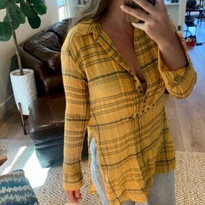 Anthropologie Pilcro Crinkle Gauze Plaid Long Tunic Top S